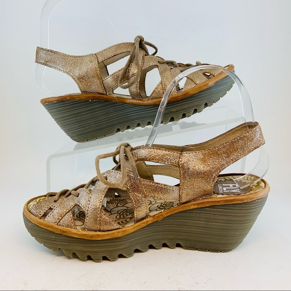FLY London Yapi Metallic Ghillie Wedge Sandals 37 - Picture 5 of 12